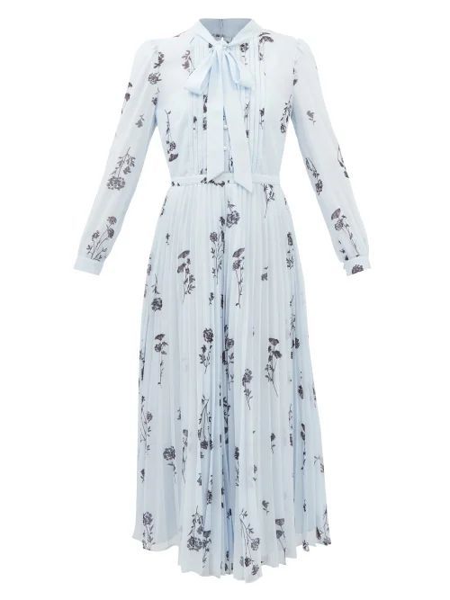 Tie-neck Floral-print Chiffon Midi Dress - Womens - Light Blue