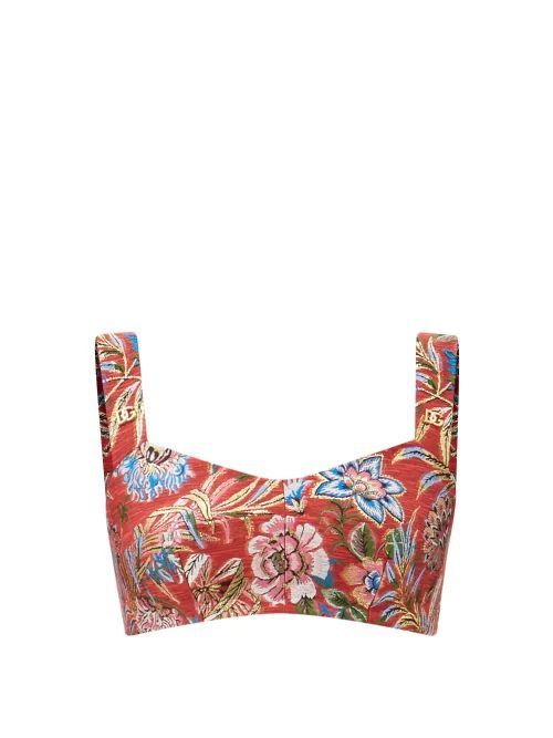 Floral-brocade Cropped Top - Womens - Red Multi