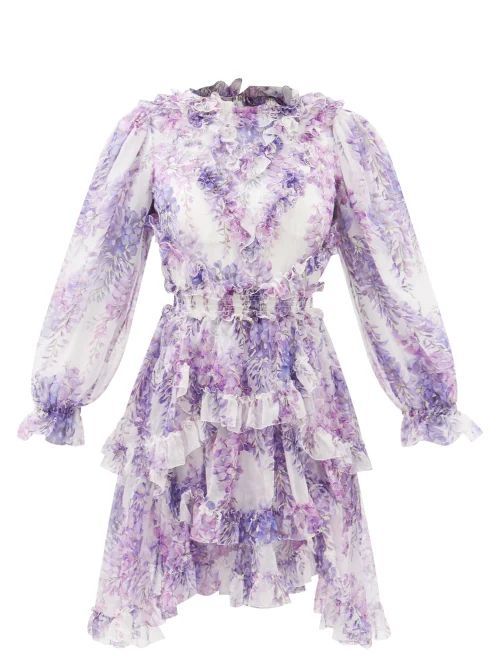 Ruffled Floral-print Silk-chiffon Mini Dress - Womens - Purple Multi