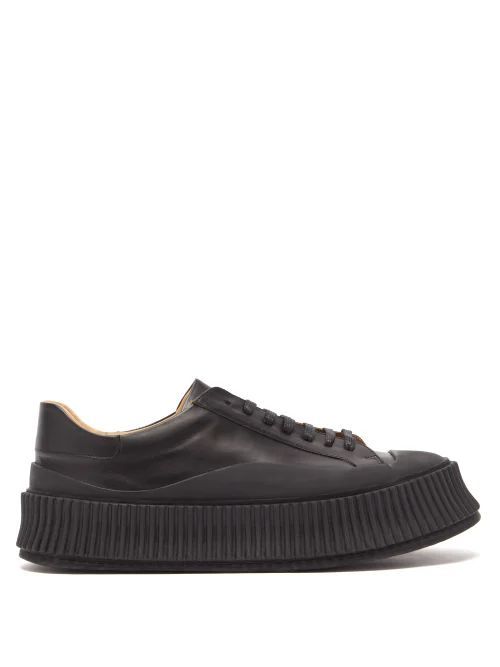 Ribbed-sole Leather Trainers - Womens - Black