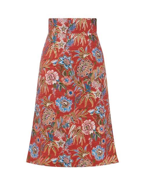 High-rise Floral-brocade Midi Skirt - Womens - Red Multi