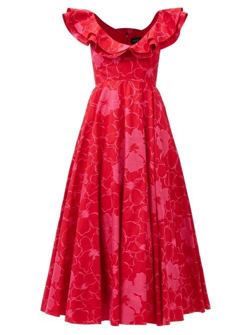 Flounced-neck Floral Cotton-blend Poplin Dress - Womens - Red