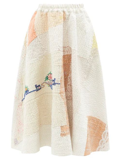 Embroidered-cotton Midi Skirt - Womens - Beige