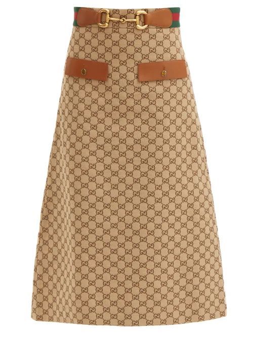 GG-jacquard Horsebit Cotton-blend Midi Skirt - Womens - Camel