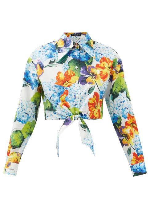 Knotted Floral-print Cotton-poplin Shirt - Womens - Blue Multi
