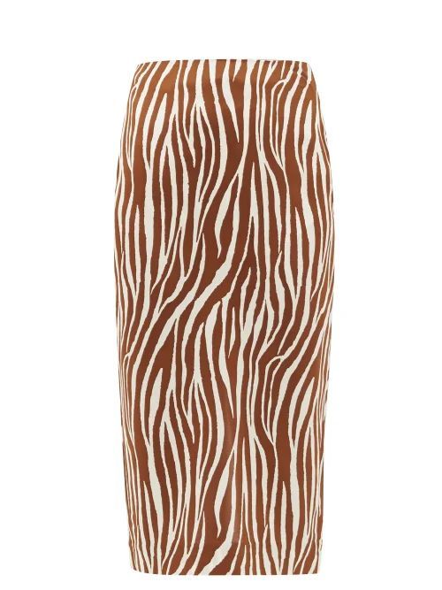 Kara Zebra-print Cady Midi Skirt - Womens - Brown White