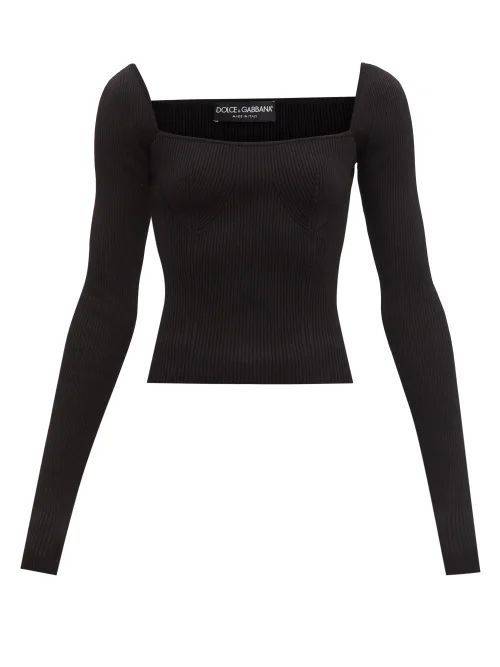 Square-neck Ribbed-knit Top - Womens - Black