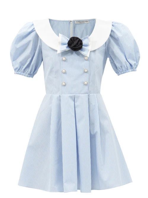 Rosette Striped Cotton-poplin Mini Dress - Womens - Light Blue