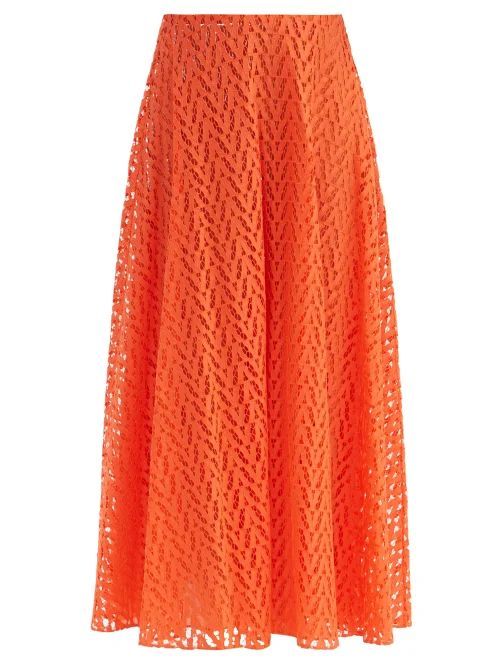 Optical V Embroidered-lace Midi Skirt - Womens - Orange