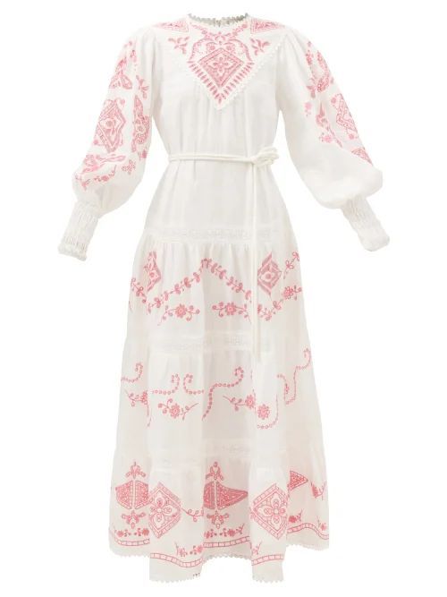 Cecilia Embroidered Linen Midi Dress - Womens - White Pink