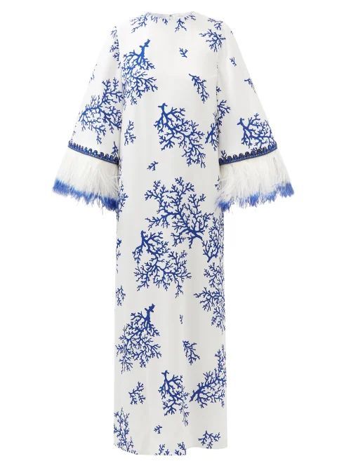 Coral-print Feather-embellished Silk-crepe Gown - Womens - White/blue