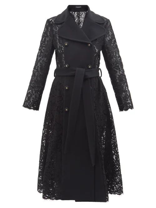 Double-breasted Wool-panelled Lace Coat - Womens - Black