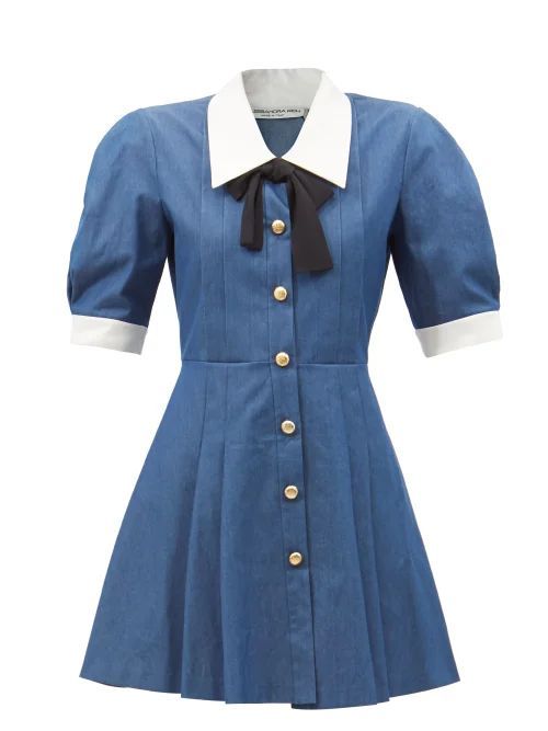 Bow-tie Cotton-chambray Mini Dress - Womens - Blue