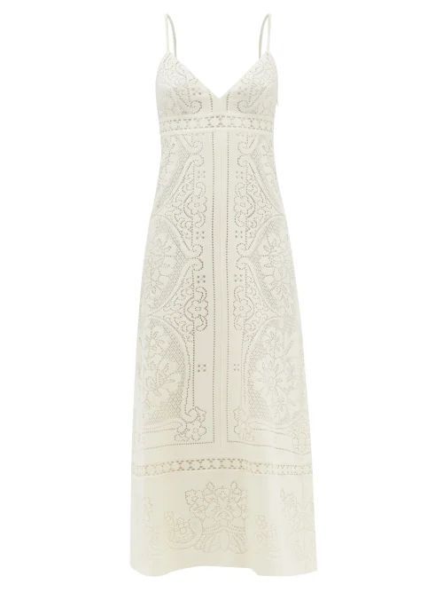 Peonies Floral-embroidered Cotton-blend Dress - Womens - Ivory