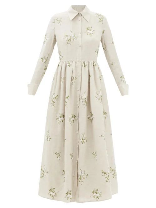 Cora Floral-embroidered Linen-blend Shirt Dress - Womens - Beige