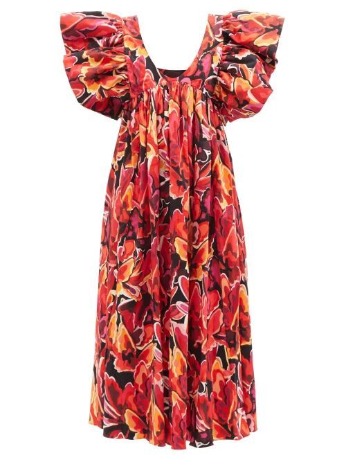 Adriana Floral-print Poplin Midi Dress - Womens - Red Multi
