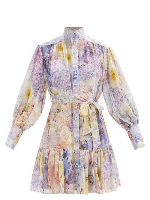 Rhythmic Floral Cotton-blend Chiffon Mini Dress - Womens - Blue Print
