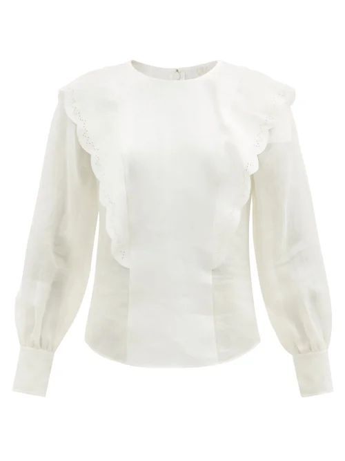 Scalloped Linen-voile Blouse - Womens - White