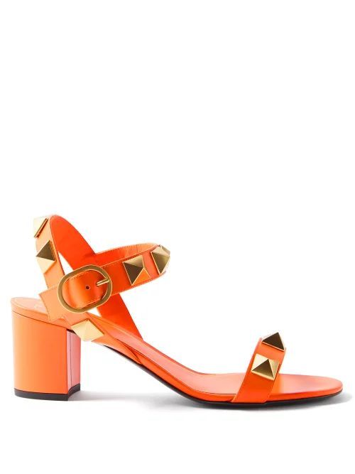 Roman Stud Block-heel Leather Sandals - Womens - Orange
