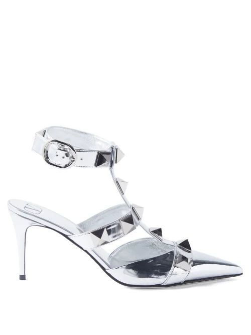 Roman Stud Pointed-toe Leather Pumps - Womens - Silver