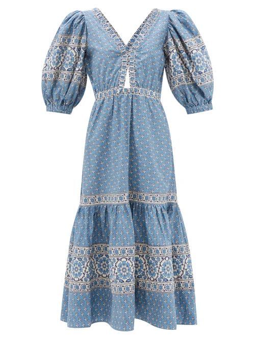 Fernanda V-neck Tile-print Cotton Midi Dress - Womens - Blue Multi