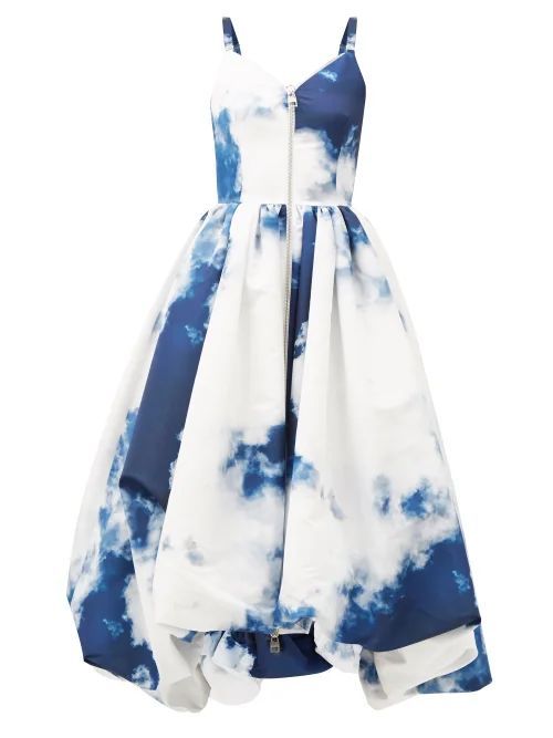 Cloud-print Flared Faille Midi Dress - Womens - Blue White