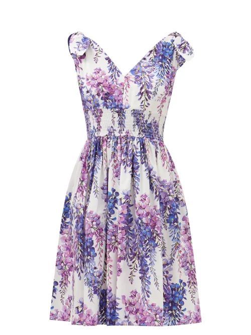 Tie-shoulder Floral-print Cotton-poplin Dress - Womens - Purple Multi