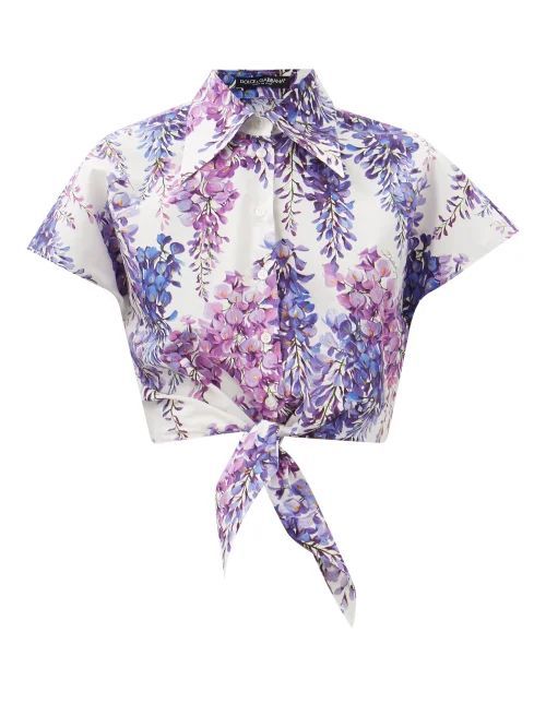 Tie-front Floral-print Cotton-poplin Cropped Top - Womens - Purple Multi