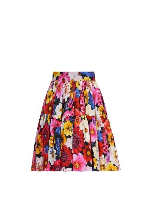 Floral-print Gathered-poplin Mini Skirt - Womens - Pink Multi