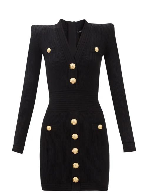 Padded-shoulder Ribbed-knit Mini Dress - Womens - Black