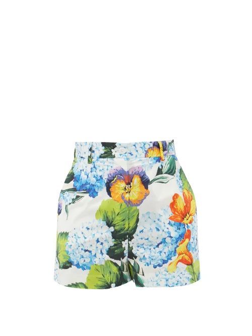 High-rise Floral-print Cotton-poplin Shorts - Womens - Blue Multi