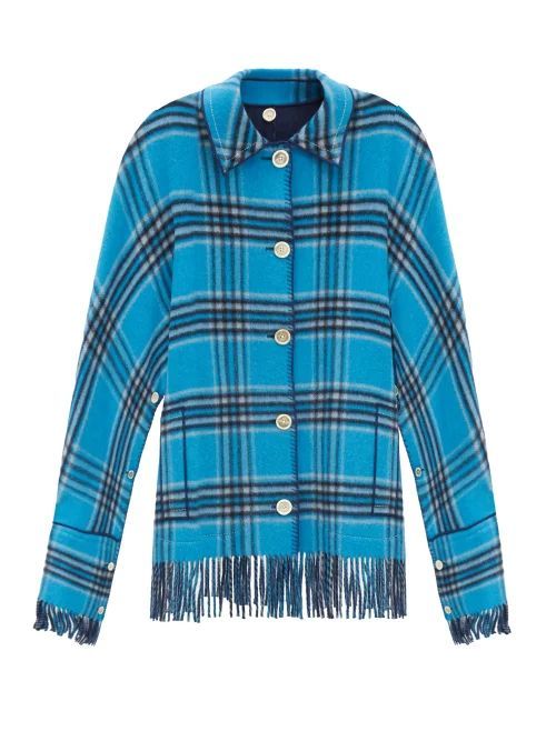 Fringed Checked Wool-blend Coat - Womens - Blue Check