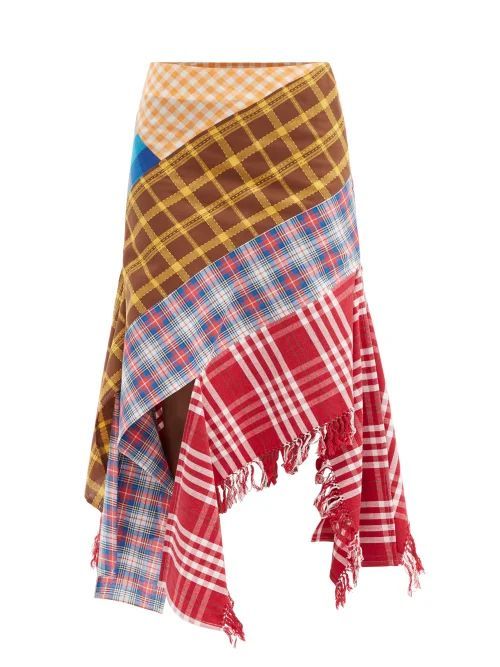 Upcycled Asymmetric Checked Cotton Skirt - Womens - Multi