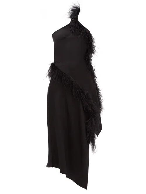 Feather-embellished Linen-blend Midi Dress - Womens - Black