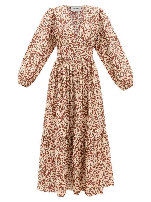 Floral-print Organic-cotton Poplin Dress - Womens - Brown Beige
