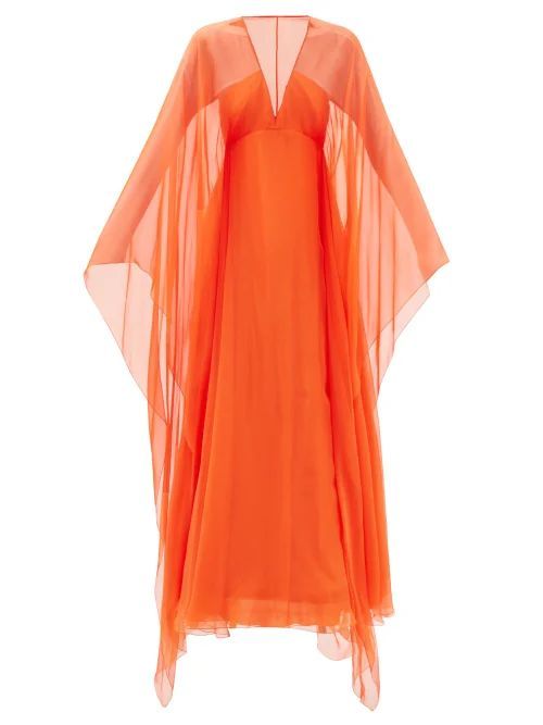 Cape-sleeve Silk-chiffon Gown - Womens - Orange