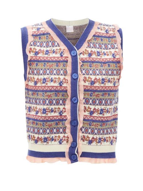 Hodei Ruffled Wool-blend Fair Isle Cardigan Vest - Womens - Blue Multi