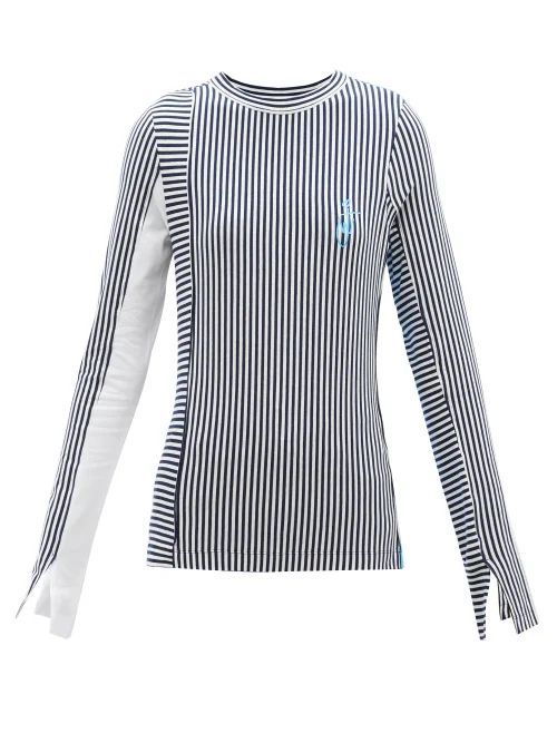 Striped Split-sleeve Cotton-blend Jersey Top - Womens - Navy Multi