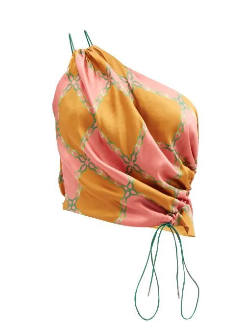 Turmeric Printed Silk Draped One-shoulder Top - Womens - Orange Multi