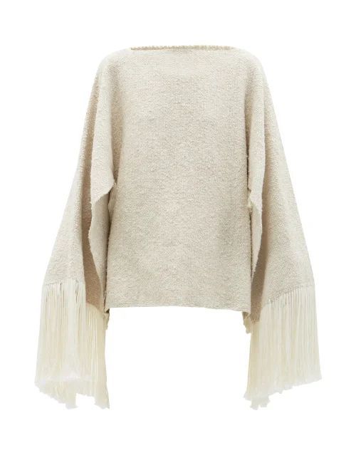 Fringed Cape-sleeve Cotton Sweater - Womens - Beige White