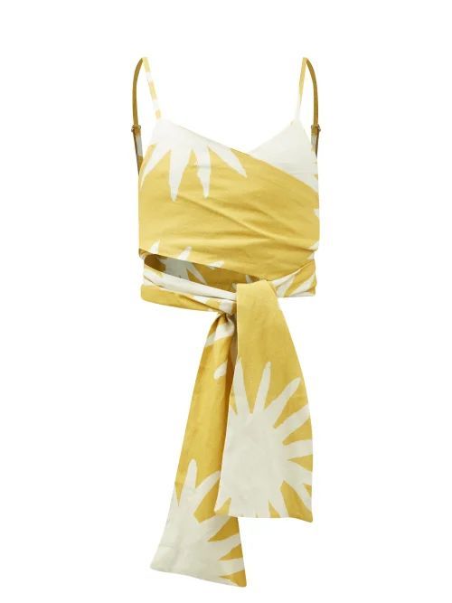 Sofia Starburst-print Linen Crop Top - Womens - Yellow White