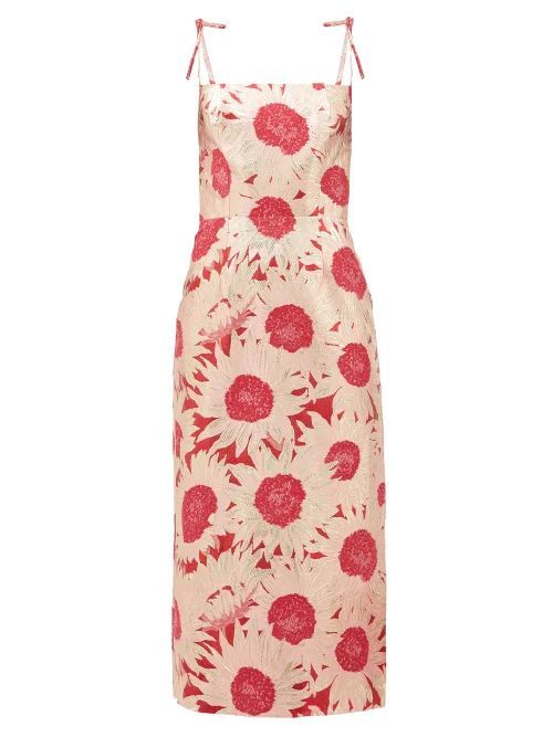 The Night Garden Floral-jacquard Midi Dress - Womens - Red