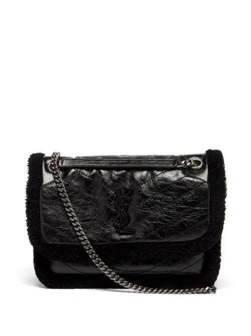 Niki Shearling-trim Crinkled-leather Shoulder Bag - Womens - Black