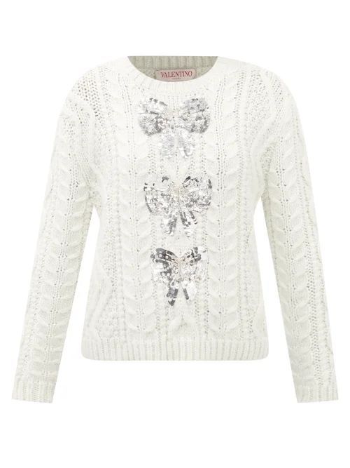 Bow-tied Sequin Cable-knit Sweater - Womens - White Silver