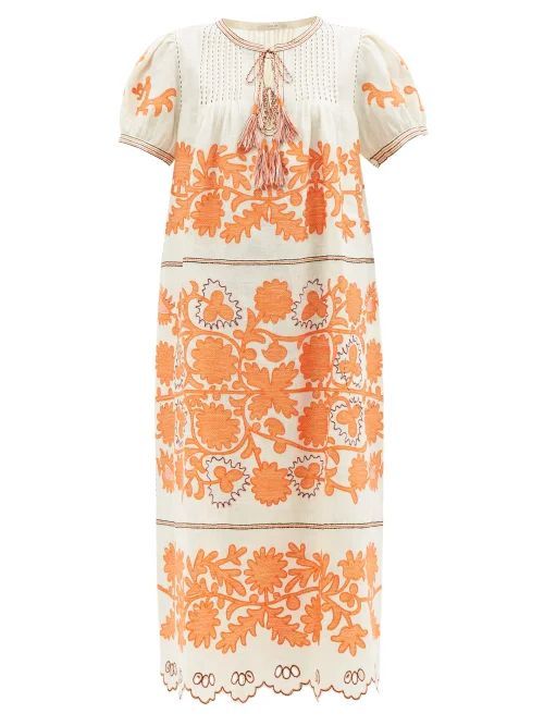 Petra Embroidered Linen Midi Dress - Womens - Cream Multi
