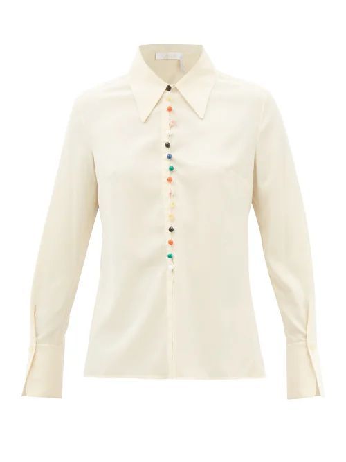 Marble-button Embroidered Silk-crepe Blouse - Womens - Beige