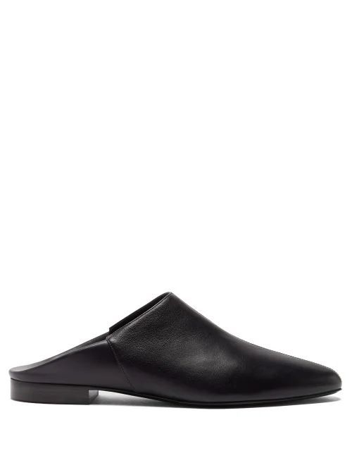 Point-toe Leather Backless Loafers - Womens - Black