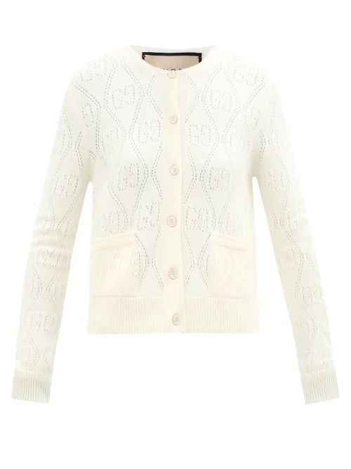 GG Wool Pointelle-knit Cardigan - Womens - Ivory