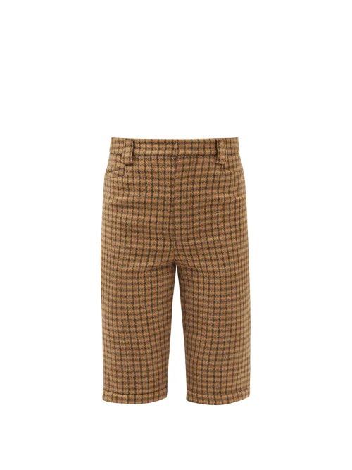 Buttoned-cuffs Checked Wool-twill Shorts - Womens - Camel