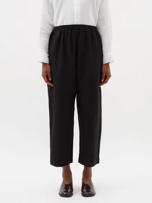 Cropped Linen-voile Trousers - Womens - Black